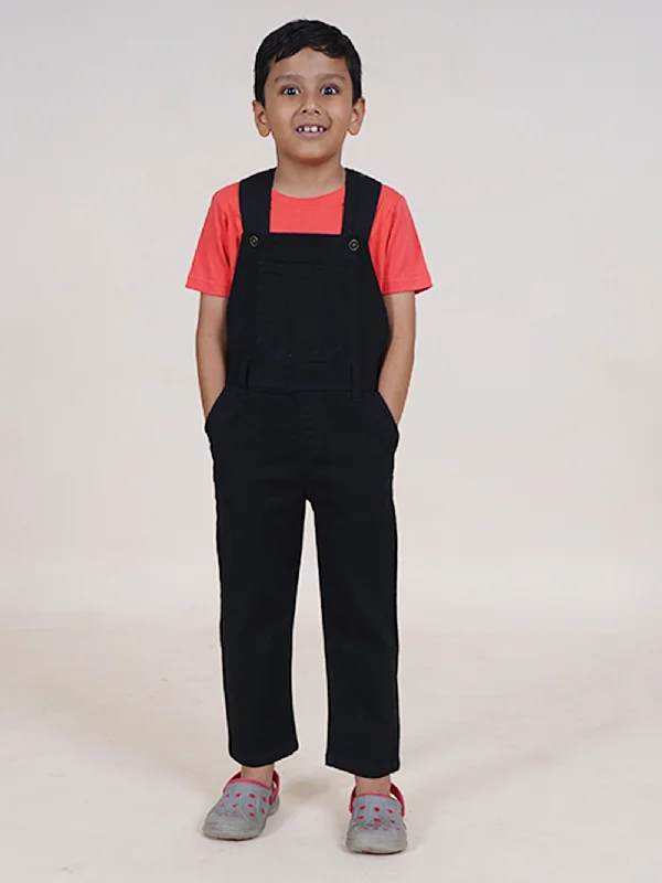 Boys Solid Full Length Denim Dungaree Pant