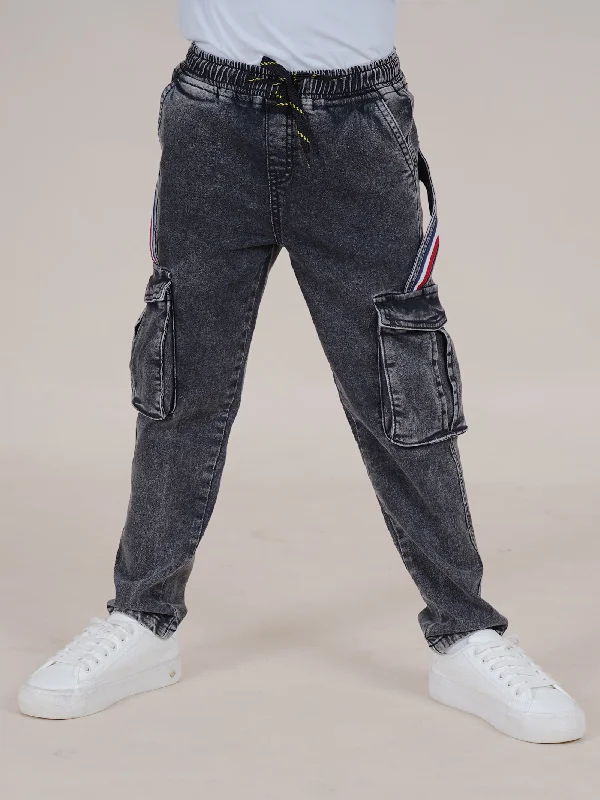 Boys Full Length Cargo Pocket Denim Jean With Side Strap & Elasticated Drawstring