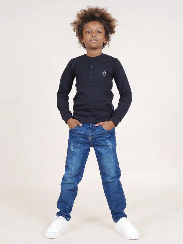 Boys Cotton Solid Full Sleeves Henley Neck Tee & Denim Jeans With Mild Distress