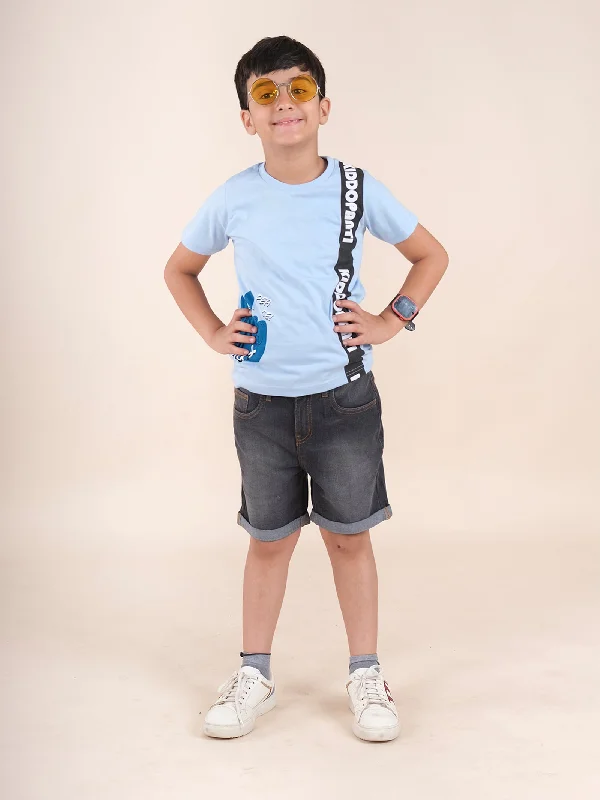 Boys Cotton Half Sleeves Printed Tee With Denim Rollup Shorts Set