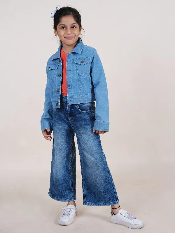 Girls Cotton Solid Tee & Flared Jeans With Full Sleeves Crop Length Denim Jacket Set