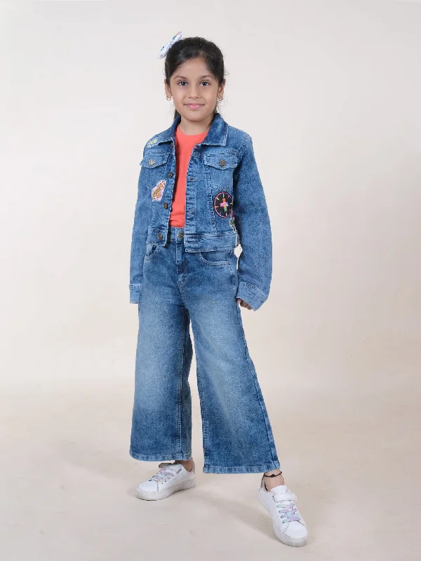 Girls Cotton Solid Tee & Fleared Jeans With Full Sleeves Patch Detailed Crop Length Denim Jacket Set