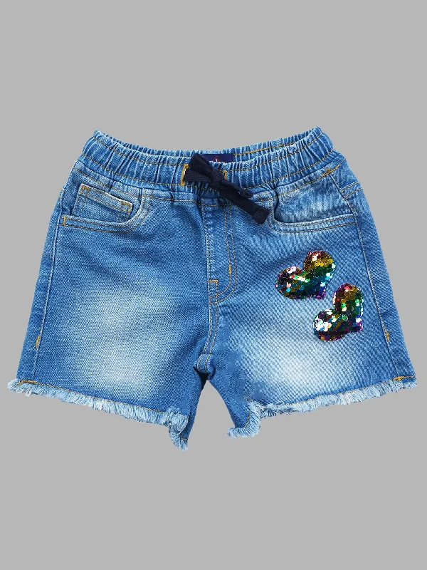 Girls Heart Sequin Embellished Denim Shorts