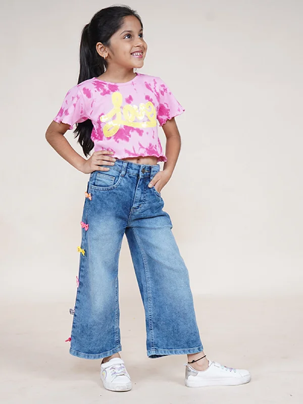 Girls Cotton Tie Dye Crop Tee & Flared Jeans With Bow Applique Set