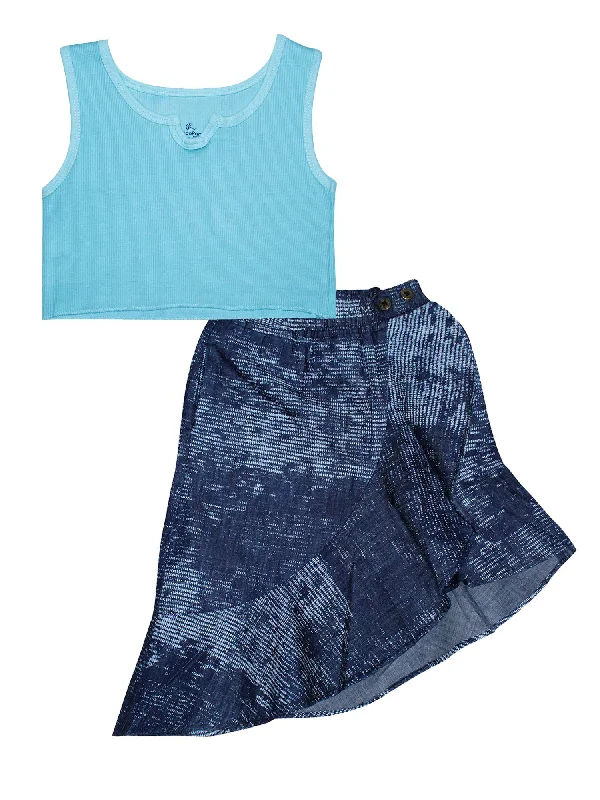 Girls Rib Crop Tank Top & Asymmetrical Ruffle Denim Skirt Set