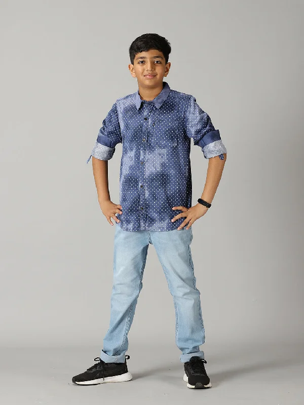 Boys Printed Full Sleeve Shirt & Basic 5 Pocket Denim Pant Set