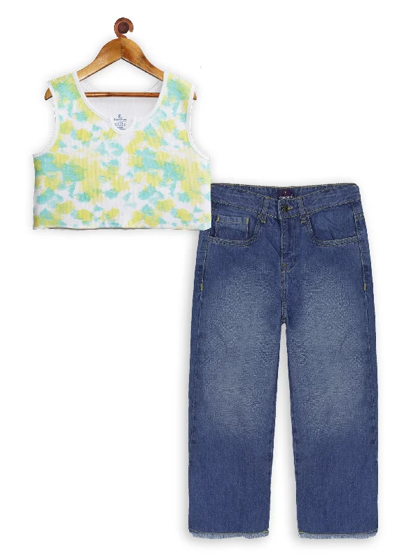 Girls Tie & Dye Print Rib Crop Tank Top & Girls Flared Jeans Pant Set