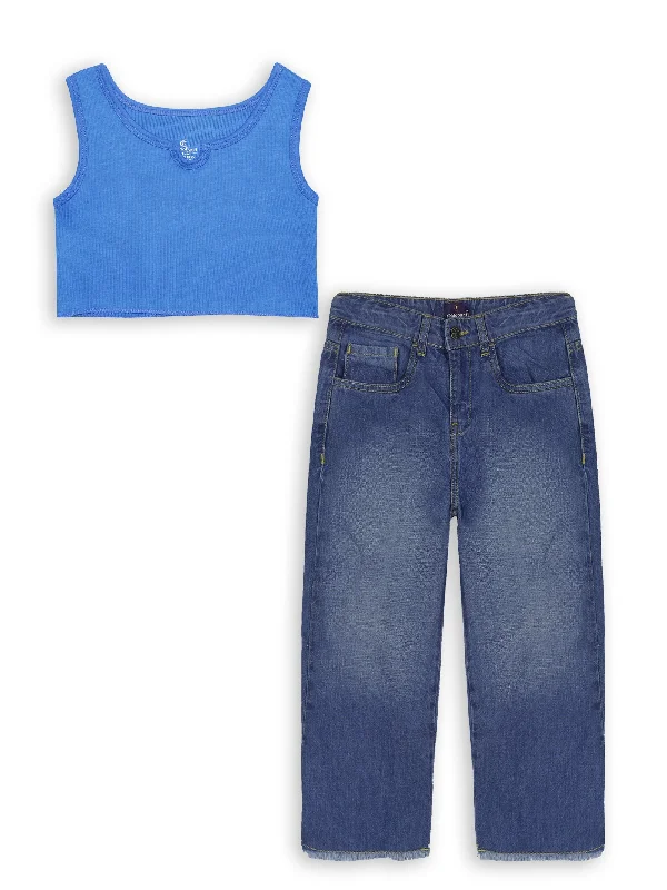 Girls Rib Crop Tank Top & Girls Flared Jeans Pant Set