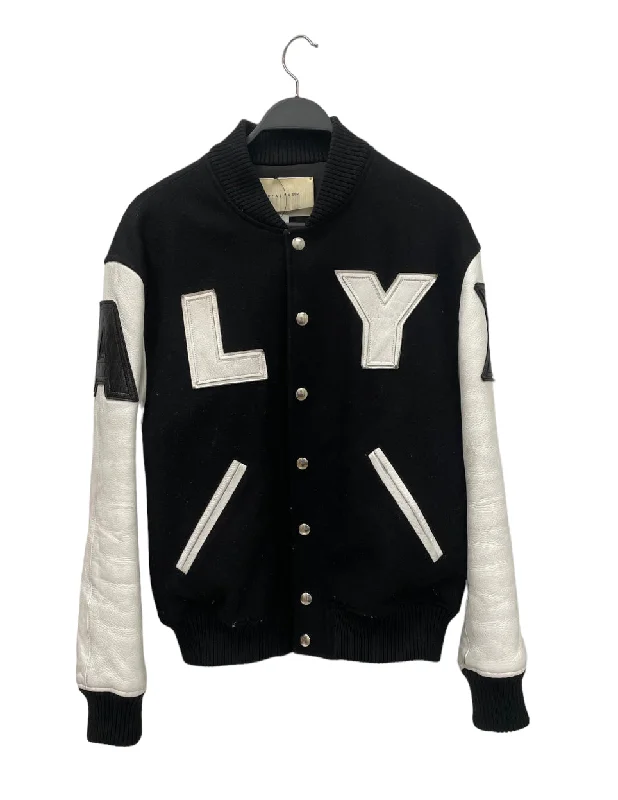 Men coats with a contrasting trim for a fashion - forward aesthetic1017 ALYX 9SM(ALYX)/Jacket/S/Wool/BLK/LEATHER PATCH LOGO VARSITY