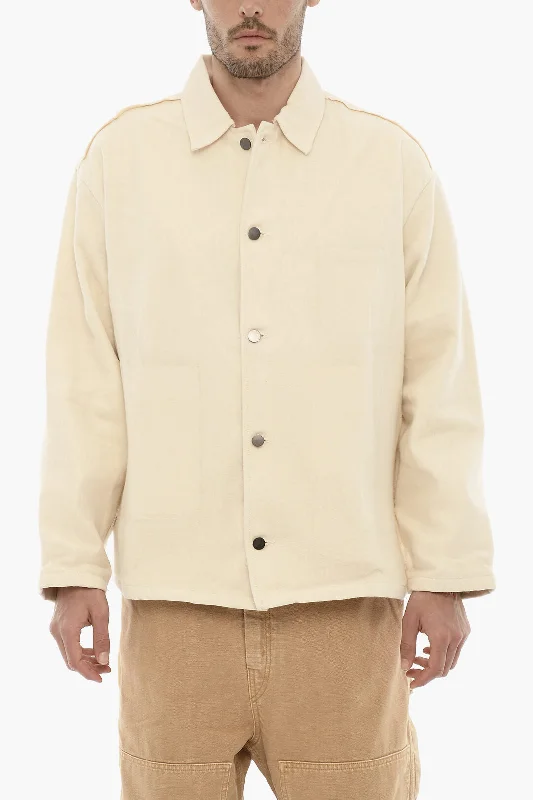 Men coats with a stand - up collar for a sleek and modern lookAirei Solid Color Lightweight Cotton Overshirt