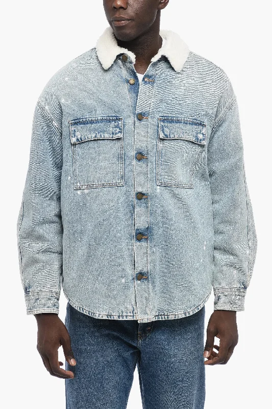 Men coats with a contrasting trim for a fashion - forward aestheticDarkpark Paint-Splatter Denim Jacket with Shirling Lining