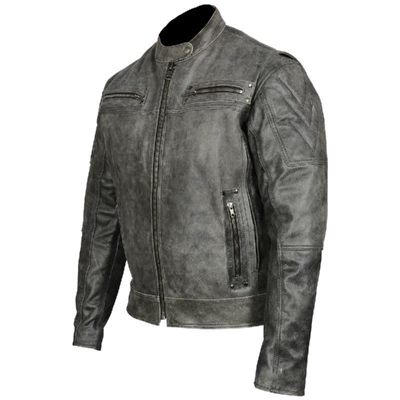 Slim - fit leather men jackets with a distressed finish for a rugged lookHMM542DG Men's Distressed Gray Padded & Vented Leather Scooter Jacket