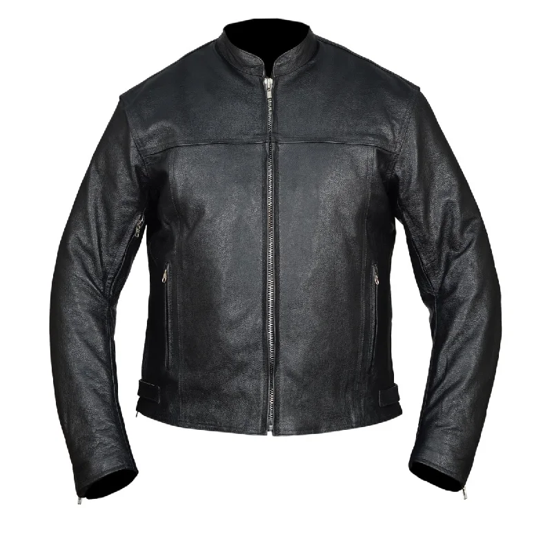 Men jackets with a built - in hood that can be stowed away when not in useHMM544 High Mileage Men's Black Vented Premium Leather Scooter Jacket