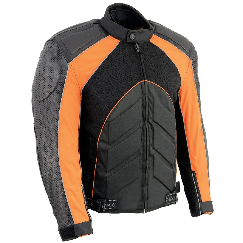 Bomber men jackets with ribbed cuffs for a classic 80s styleNexGen SH2153 Men's Black and Orange Armored Moto Textile and Leather Combo Jacket