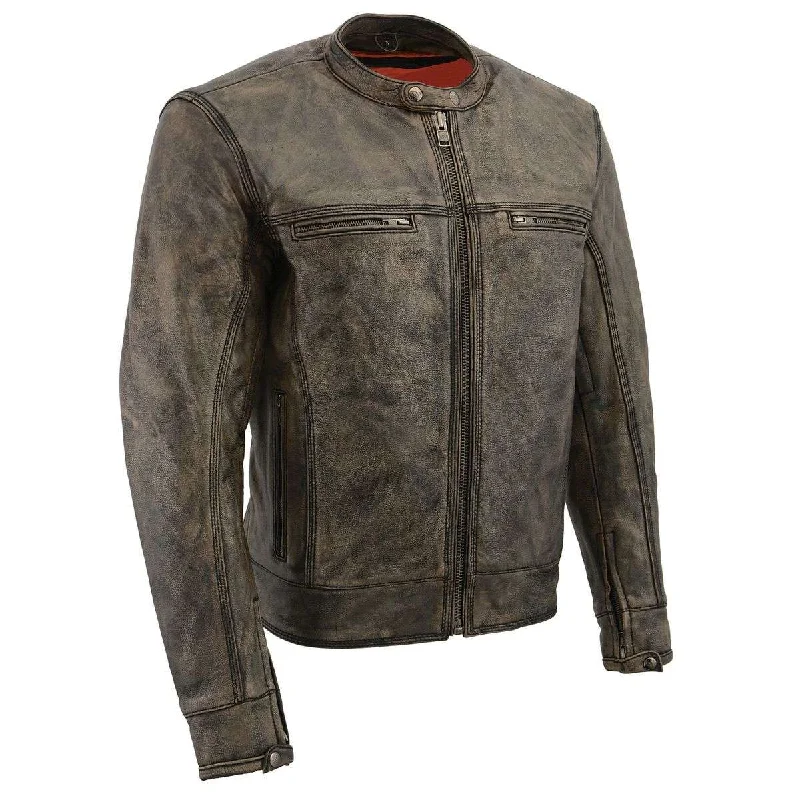 Men jackets with a built - in hood that can be stowed away when not in useMilwaukee Leather MLM1550 Men's Vented Black-Beige Distressed Leather Scooter Style Motorcycle Jacket w/ Liner