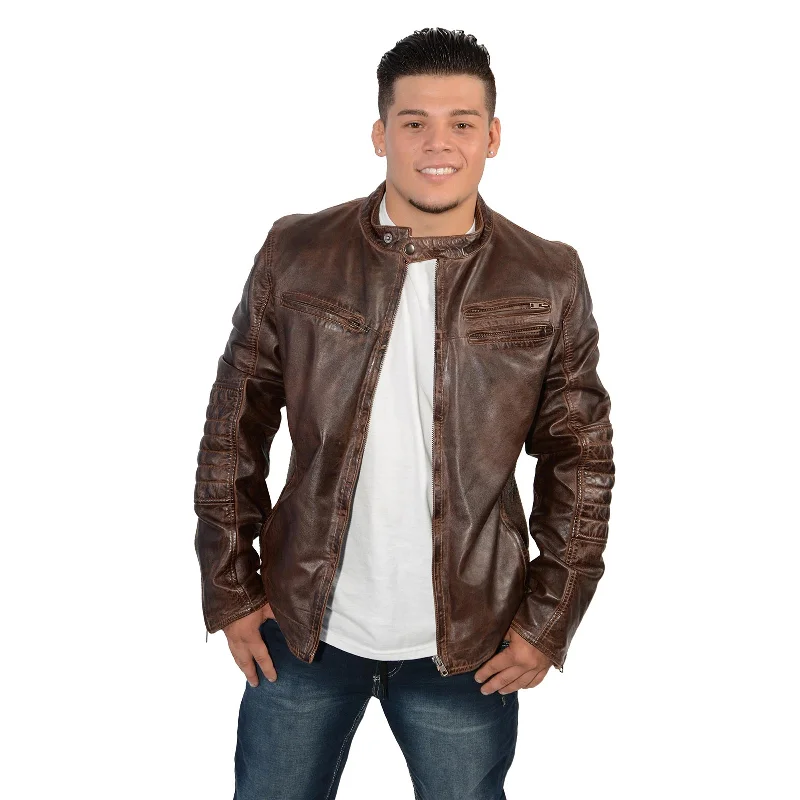 Down - filled men jackets in bright colors for winter fashionMilwaukee Leather SFM1805 Men's Brown Side Stitch Cafe Racer Lambskin Leather Jacket