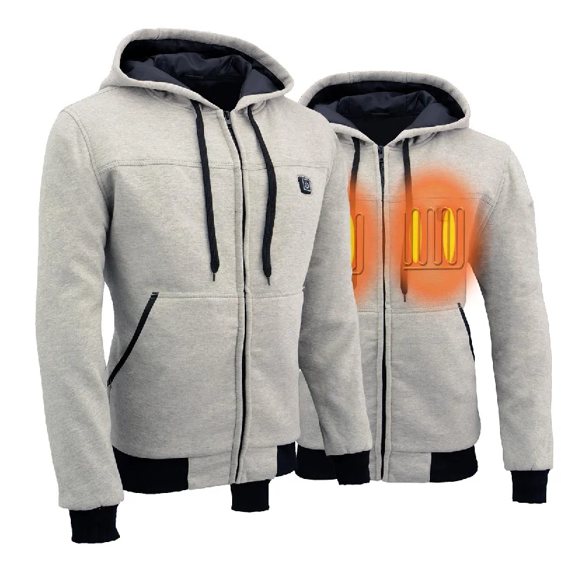 Denim men jackets with embroidered patches for a personalized touchNexgen Heat MPM1714SET Men's “Fiery’’ Heated Hoodie Silver Zipper Front Sweatshirt Jacket for Winter w/Battery Pack