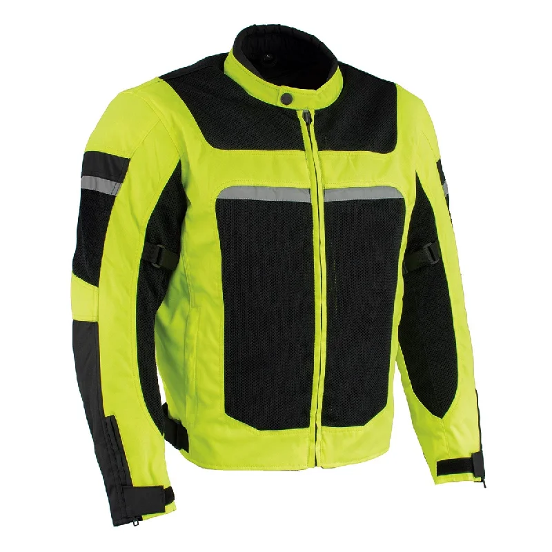 Lightweight men jackets made from recycled nylon for eco - friendly travelMilwaukee Leather MPM1794 High Vis Green Armored Mesh Racer Jacket with Reflective Piping for Men - All Season Jacket