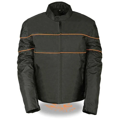 Embroidered men jackets with intricate floral designs for a unique aestheticNexGen SH2285 Men's Black with Orange Stripes Scooter Style Textile Jacket