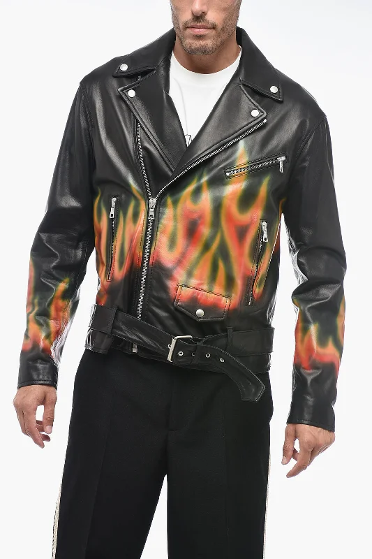 Men coats with a soft fleece interior for extra warmth and comfortPalm Angels Leather BURNING Biker Jacket with Flames Motif