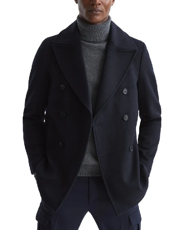 Slim - fit men coats in navy blue for a classic and sophisticated appearanceReiss Giovanni Wool-Blend Peacoat