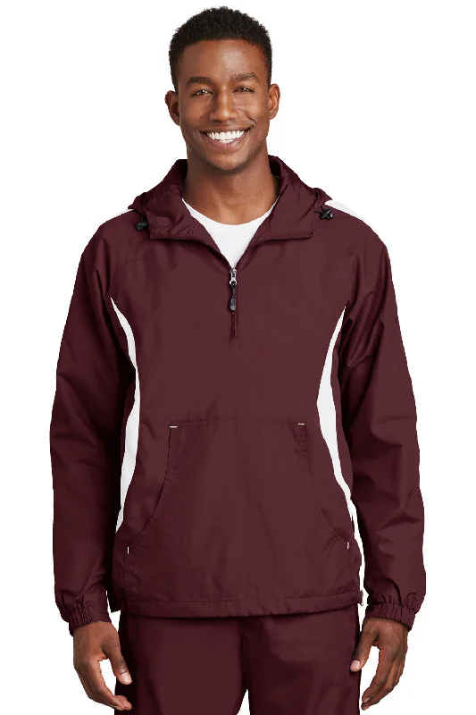 Waterproof men jackets with taped seams for heavy rain protectionSport-Tek Mens 1/4 Zip Hooded Jacket - Maroon/White - Closeout