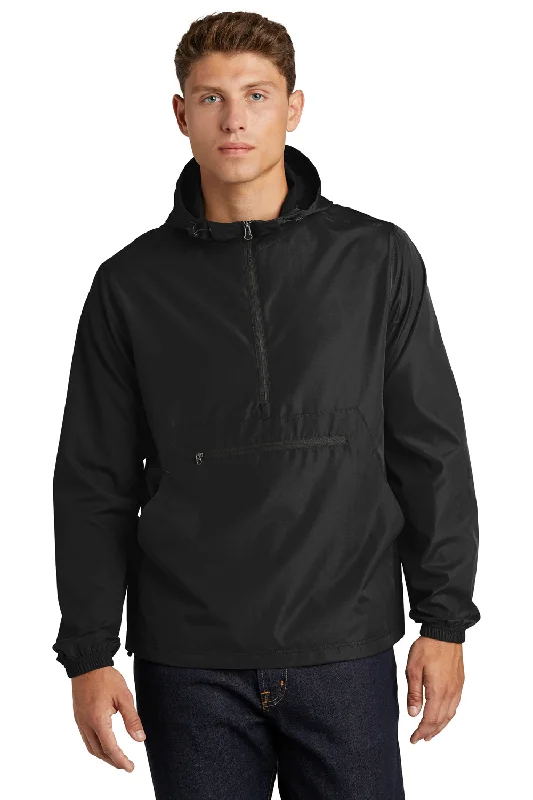 Windbreaker men jackets with UV protection for outdoor activitiesSport-Tek Mens Wind & Water Resistant Packable Anorak 1/4 Zip Hooded Jacket - Black