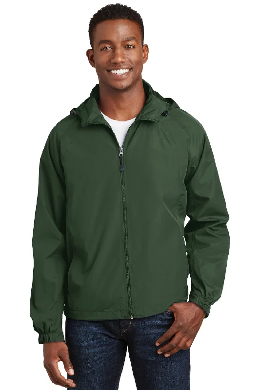 Lightweight men jackets made from recycled nylon for eco - friendly travelSport-Tek Mens Water Resistant Full Zip Hooded Jacket - Forest Green