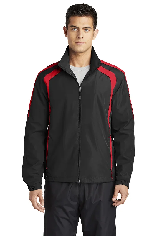 Bomber men jackets with ribbed cuffs for a classic 80s styleSport-Tek Mens Water Resistant Full Zip Jacket - Black/True Red