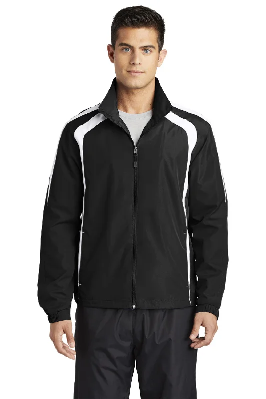 Lightweight men jackets made from recycled nylon for eco - friendly travelSport-Tek Mens Water Resistant Full Zip Jacket - Black/White