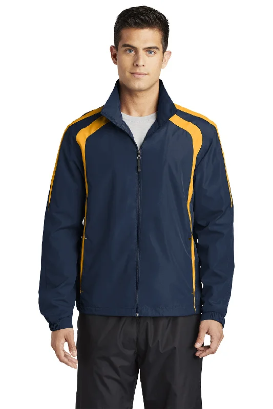 Hooded men jackets with a detachable faux - fur trim for added warmthSport-Tek Mens Water Resistant Full Zip Jacket - True Navy Blue/Gold