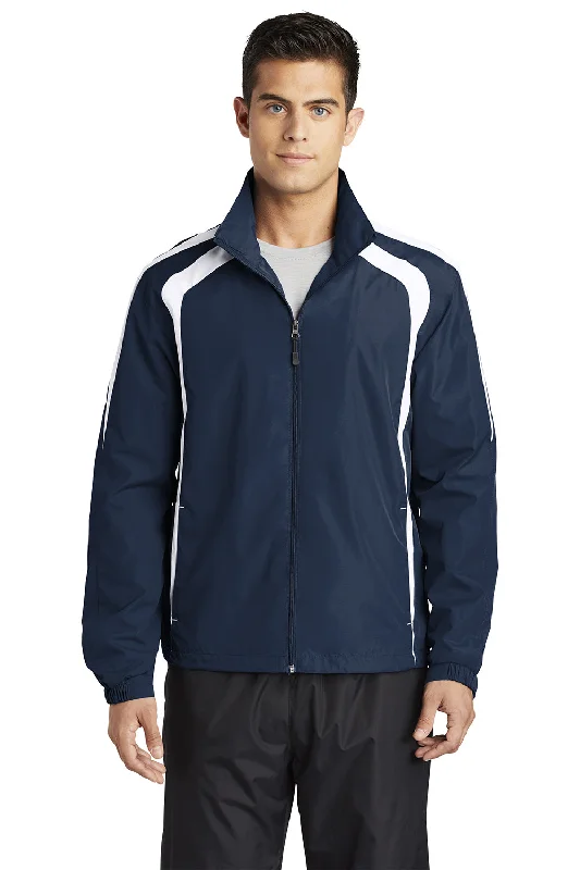 Men jackets with a zip - off sleeves to convert to a vestSport-Tek Mens Water Resistant Full Zip Jacket - True Navy Blue/White