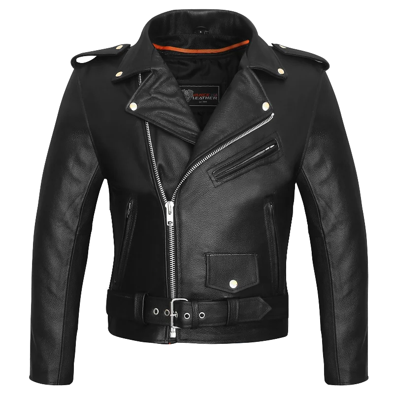 Plus - size men jackets with adjustable drawstrings for a comfortable fitVL516S Men's Basic Classic Motorcycle Jacket Plain Side w/Belted Waist