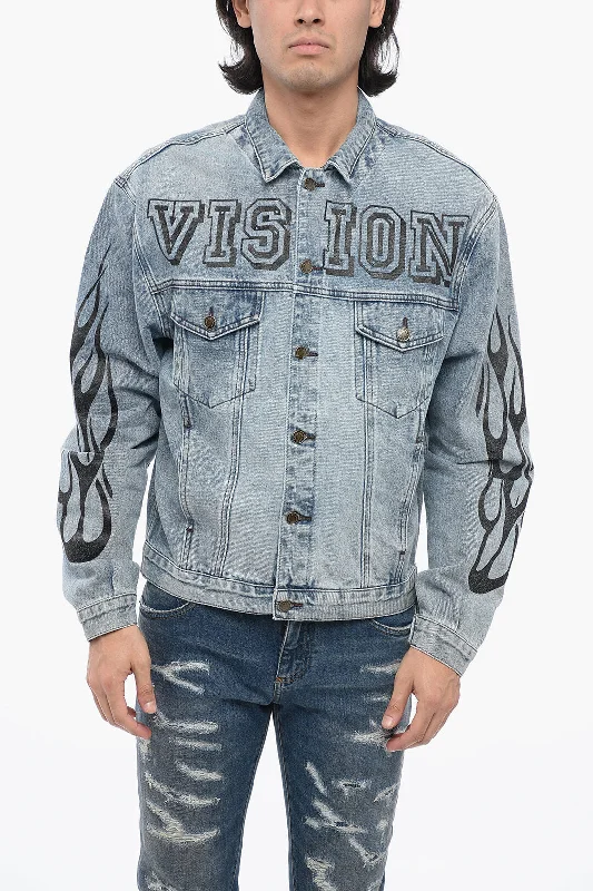 Men coats with a detachable faux - fur collar for a trendy and warm touchVision Of Super Saharan Denim Jacket With Lettering Logo Xs Standard Size