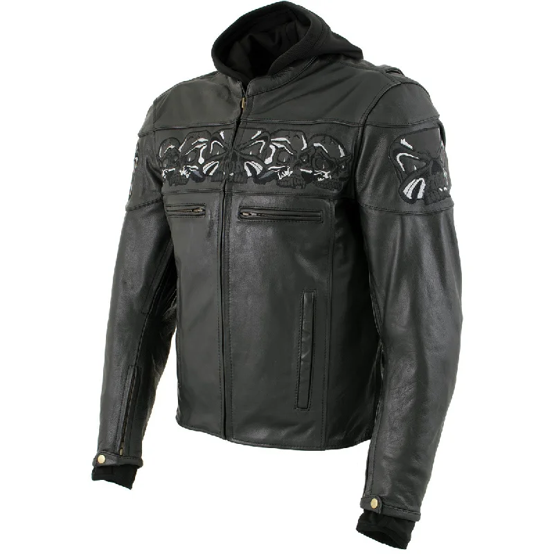 Plus - size men jackets with adjustable drawstrings for a comfortable fitXelement XS1504 Men's ‘Futile’ Black Leather CE Armored Motorcycle Hooded Jacket with Reflective Skulls