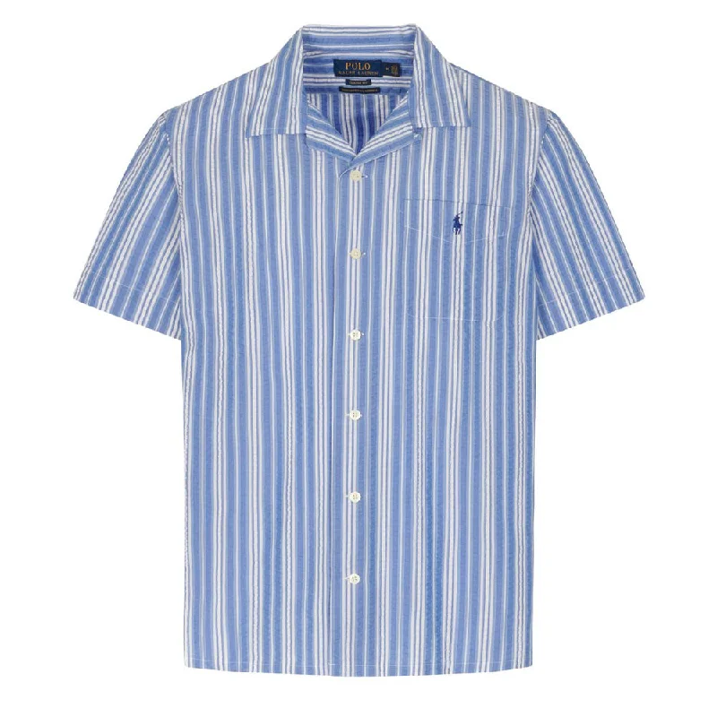 Men's slim fit short sleeve polo shirts with contrast collarsPolo Ralph Lauren Stripe Camp Shirt Blue / White